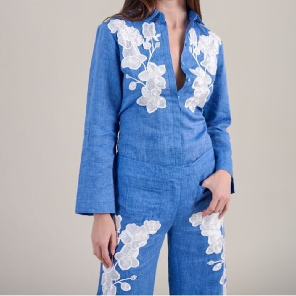 NWT Anne Fontaine Citron Blue Linen Floral Appliqué Button Down Shirt